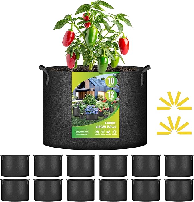 iPower 12-Pack 10 Gallon Grow Bags Heavy Duty Thickened Aeration Nonwoven Fabric Pots with Nylon Handles and 12 Labels for Planting Vegetables, Fruits, Flowers, Black