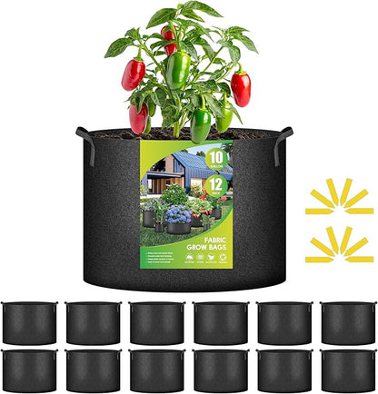 iPower 12-Pack 10 Gallon Grow Bags Heavy Duty Thickened Aeration Nonwoven Fabric Pots with Nylon Handles and 12 Labels for Planting Vegetables, Fruits, Flowers, Black