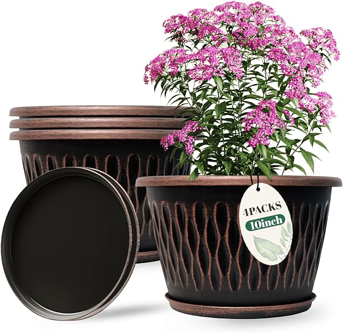 Usocik 4 Pack 10 Inch Retro Plant Pots, Vintage Striped Flower Pots with Drainage Hole & Saucer, Large Plastic Planters for Indoor and Outdoor Plants, Decorative Garden Pots(Copper)