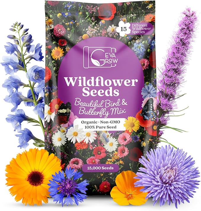 Wildflower Seeds Bulk, 1 Oz. 40,000+ Seeds – Butterfly & Hummingbird Mix with 18 Non-GMO Varieties – Pollinator Flower Seed for Planting
