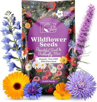 Wildflower Seeds Bulk, 1 Oz. 40,000+ Seeds – Butterfly & Hummingbird Mix with 18 Non-GMO Varieties – Pollinator Flower Seed for Planting