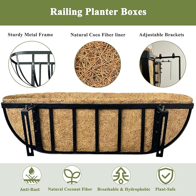24 Inch Railing Planter Boxes 2 Pack Metal Window Box Planters with Coco Coir Liners, Horse Trough Planter with Adjustable Brackets for Deck Balcony Fence Porch Patio Outdoor Garden