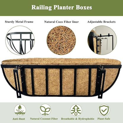 24 Inch Railing Planter Boxes 2 Pack Metal Window Box Planters with Coco Coir Liners, Horse Trough Planter with Adjustable Brackets for Deck Balcony Fence Porch Patio Outdoor Garden
