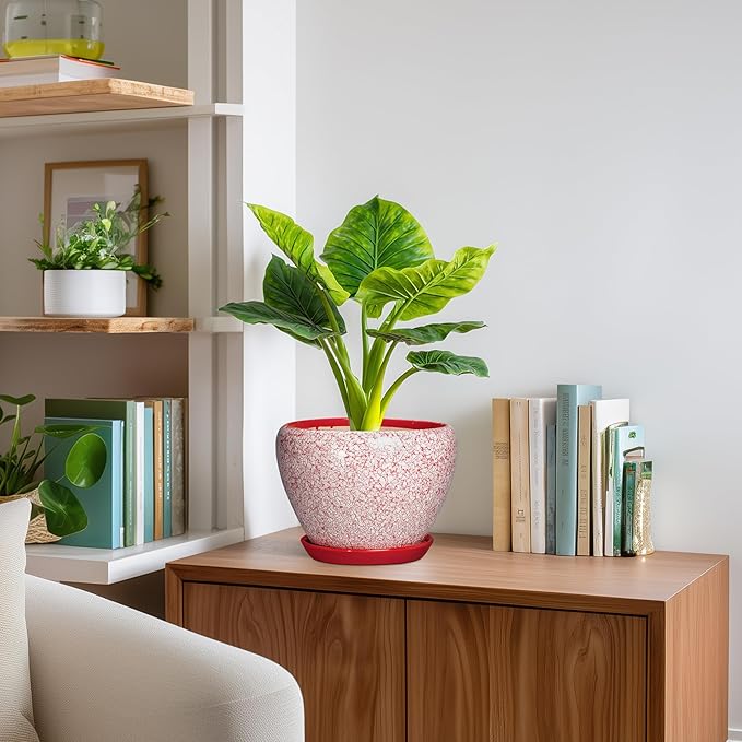 Ceramic Planter for Plants - 8 Inch Plant Pot Indoor with Drainage Hole and Tray, Round Flower Pots for Indoor Outdoor, Modern Planter, Home Decor, Gifts for Plant Lovers, Crackle Red