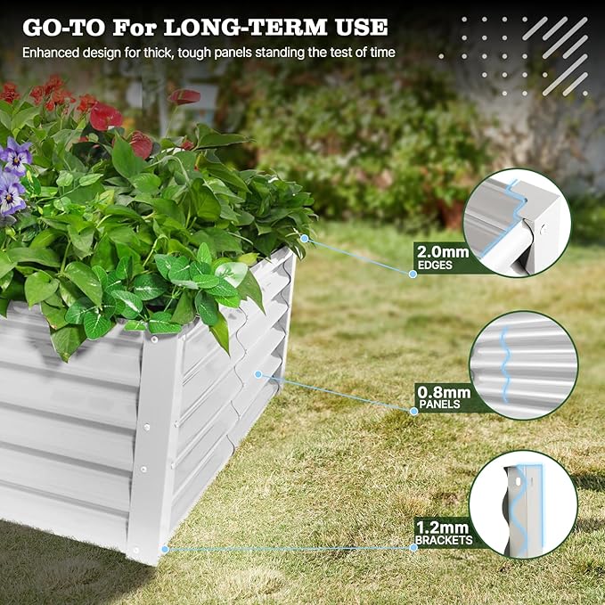 A ANLEOLIFE 8-Piece 18 Inch Tall Antique White Raised Garden Beds Kit, L-Shaped & Square Metal Planters – Ideal for Structured Backyard Layouts