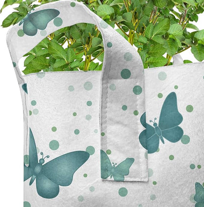 Lunarable Butterflies Grow Bags 5-Pack, Moth Insects on Rounds, Heavyduty Fabric Pots with Handles for Plants, White Teal