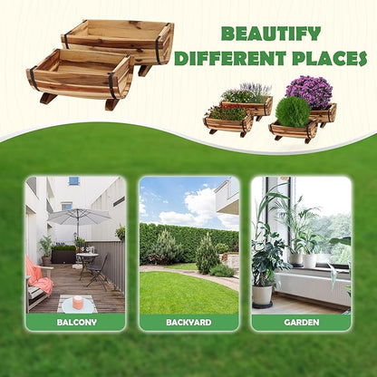 Solid Acacia Wood Half Barrel Planters Outdoor Set of 2 Different Sizes, Wooden Planters for Outdoor Plants with Metal Bands & Drainage Holes, Legs Included, Natural