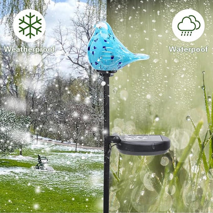 Afirst Decorative Solar Lights Outdoor Solar Bluebird Stake Lights Hand Blown Glass Decorative Garden Pathway Lights Outdoor Waterproof Glass Stakes