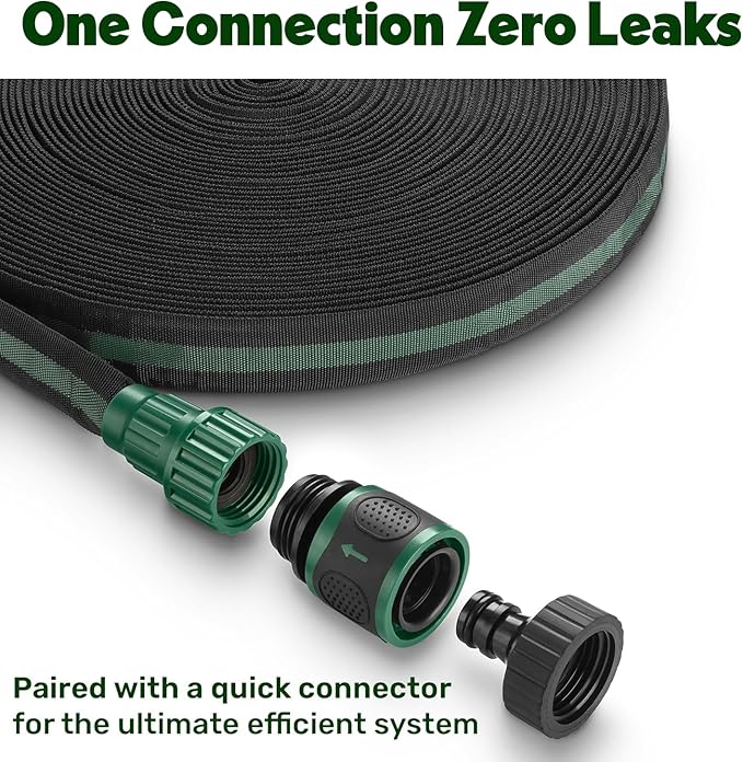 Flat Soaker Hose 150ft (75ft 2-Pack) for Garden // Drip Hose for Garden Beds, Lawns and Trees // Heavy Duty Leakproof Design with Quick Connect // Linkable Irrigation System for Vegetables and Flowers