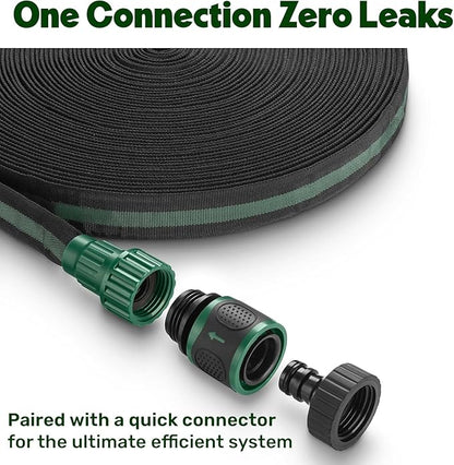 Flat Soaker Hose 150ft (75ft 2-Pack) for Garden // Drip Hose for Garden Beds, Lawns and Trees // Heavy Duty Leakproof Design with Quick Connect // Linkable Irrigation System for Vegetables and Flowers