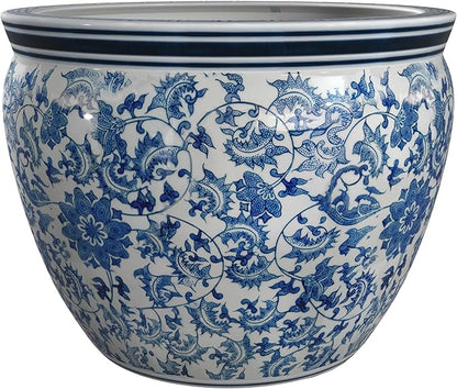 Red Lantern Large 22" Porcelain Fishbowl Blue & White Floral Planter