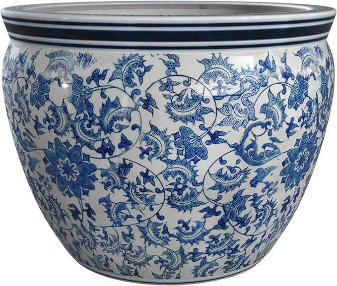 Red Lantern Large 20" Porcelain Fishbowl Blue & White Floral Planter or Cachepot for Indoor/Outdoor Use in Garden Entryway Living Room Boho Eclectic Modern Contemporary Classic Traditional Style Decor