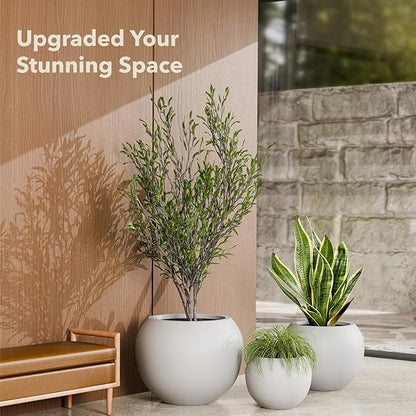 12.8”H x 16”D Globo Fiberstone Round Planter - Christmas Tree Planter, Smooth Finishes, Weather Resistant for Indoor & Outdoor Use, Included 2 Extra Coco Mats (Light Gray, 10.7” Pot Opening)
