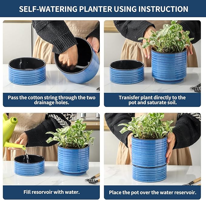 HASENSE Plant Pot, 6 Inch Ceramic Plant Pot with Drainage System and Matching Saucer, Ideal for Indoor Herb Gardens and Office Spaces,Modern Blue Home Office Decorative Gifts