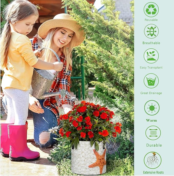 5 Gallon 3D Beautiful White Seashell Starfish Breathable Grow Bag Heavy Duty Thickened Plant Pots Containers with Handles for Tomato Potato Fruits Vegetables Flowers