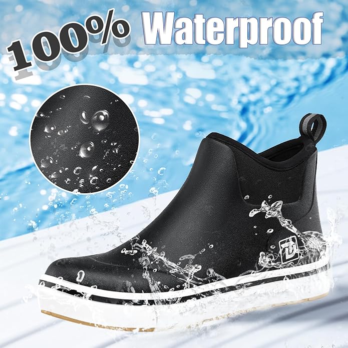 Trudave Mens Deck Boots, Waterproof Rubber Fishing Rain Boots, Anti-slip Short Ankle Shoes for Outdoor Fishing, Boating, Size 5-14