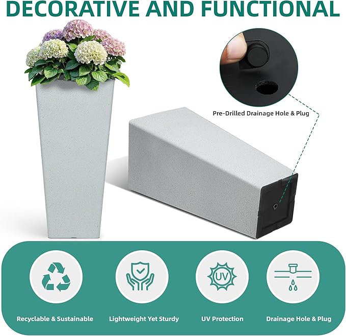 28" Tall Planters for Indoor Outdoor Plants, Set of 2 Large Tapered Flower Pots, Modern Plant Containers for Patio, Garden, Porch, Balcony or Home Decor, White Terrazzo, Durable & UV-Resistant