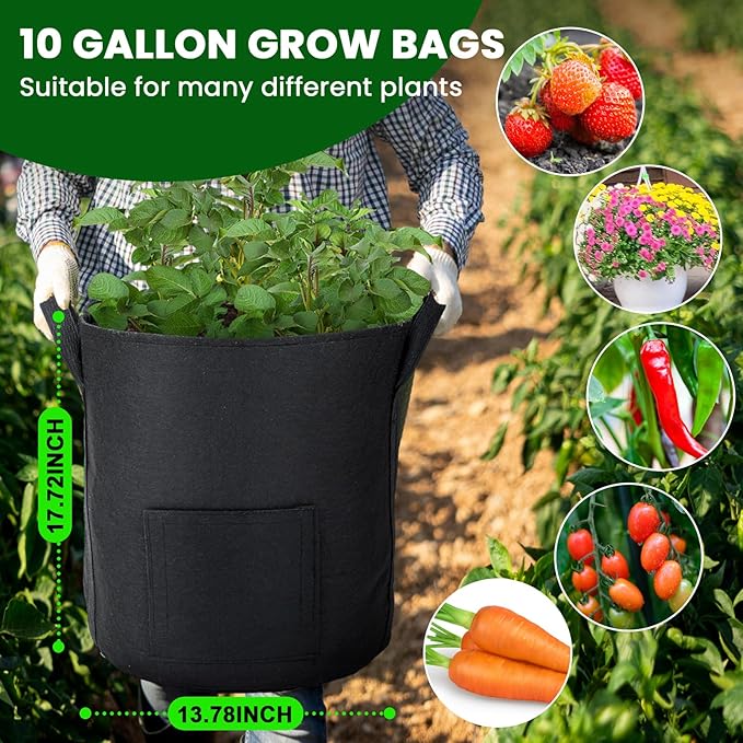 4 Pcs Upgraded Potato Grow Bags 10 Gallon with Harvest Window Visible Window Planting Bags Gardening Pots Thickened Nonwoven Planter for Growing Potato Tomato Vegetable (Black,Gray)