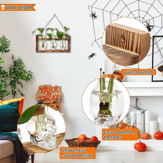 Plant Terrarium Propagation Stations Hydroponics Halloween Skull Planter Vase Skulls Decor with Wooden Stand Gife for Father