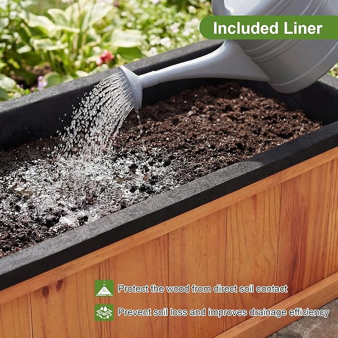 Giantex Outdoor Raised Garden Bed, 28” x 10” x 10” Pine Wood Planter Box with 3 Drainage Holes, Removable Bottom & Bed Liner, Rectangular Flower Container for Vegetables, Herbs, Indoor & Outdoor