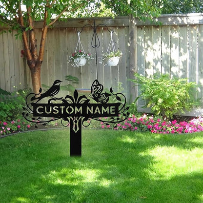 Custom Metal Garden Sign with Stake, Personalized Bird & Butterfly Garden Signs for Outside, Customized Garden Name Signs for Yard Lawn Outdoor Decor Gardening Gifts for Moms Grandmas Gardeners