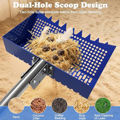 Chicken Poop Scooper, 12 Inch Large Sifting Shovel with Rake Head, 22-64" Extendable Stainless Steel Handle, 3-Angle Professional Poultry Litter Cleaner for Chicken Coop, Duck, Goat & Sand