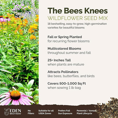 Eden Brothers The Bees Knees Wildflower Mixed Seeds for Planting, 1 lb, 480,000+ Seeds with Siberian WallFlower, Cosmos | Attracts Pollinators, Plant in Spring or Fall, Zones 3, 4, 5, 6, 7, 8, 9, 10