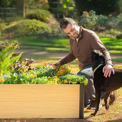 Vego garden Woodgrain Series Raised Garden Bed, 16'' Tall 4' x 4' Wooden-Look Metal Planter Box Outdoor for Gardening Vegetables Flowers Herbs