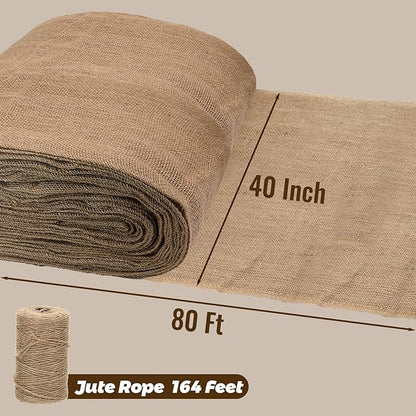 40'' x 80 Feet Burlap Fabric Roll 26.6 Yard, Natural Jute Fabric for Winter Tree Wrap Plant Covers Freeze Protection with 164 Feet Jute Rope, DIY Rustic Wedding Garden Outdooor Christmas Decoration