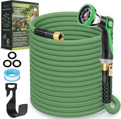 Non-Expandable Garden Hose 100 ft, Ultra Lightweight Flexible Water Hose with 10-Pattern Nozzle, Leak-Proof, High-Density Fabric, Thickened Connector, Shut-Off Valve for Yard, Lawn, Outdoor