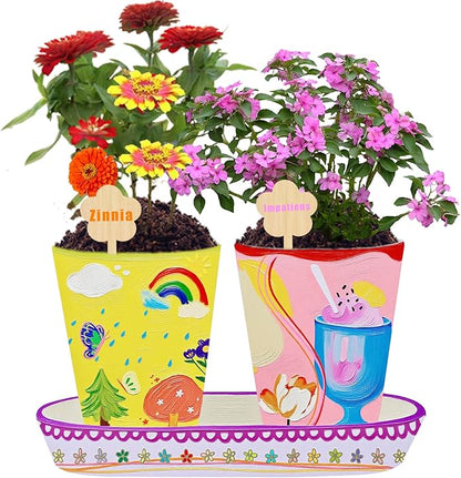 Paint & Plant Flower Growing Kit, Complete Gardening Set with 4 Ceramic Pots, Soils, Seeds and Other Tools, Ideal for Educational Arts and Crafts DIY Gift
