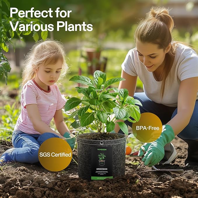 VIVOSUN 10-Pack 3 Gallon Grow Bags, 500G Thick Nonwoven Fabric Pots with Strap Handles, Multi-Purpose Rings, for Low Stress Plant Training Fruits, Vegetables, and Flowers