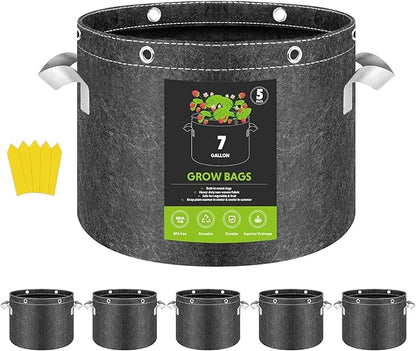 InfiniPower 7 Gallon 5 Pack Plant Grow Bags, 400G Thick Nonwoven Fabric Pots with Multi-Purpose Rings and Handles, Reusable for Low Stress Plant Training Fruits, Vegetables and Flowers