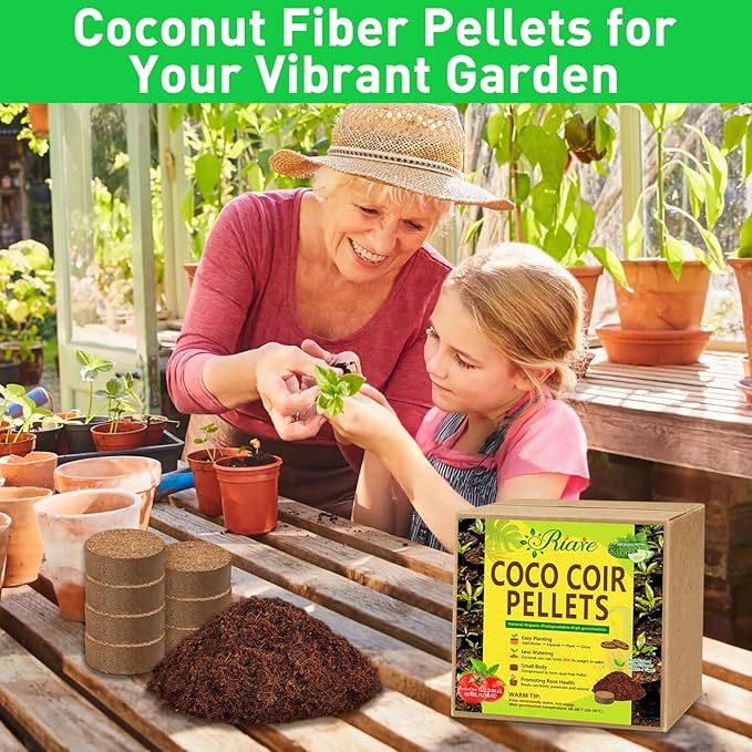 Riare 50 Pcs 30mm Organic Coco Coir Seed Starter Soil, Compressed Coconut Coir Potting Soil Mix for Seed Starting, Coconut Fiber Pellet for Planting Indoor & Outdoor Plants, Vegetables, Garden