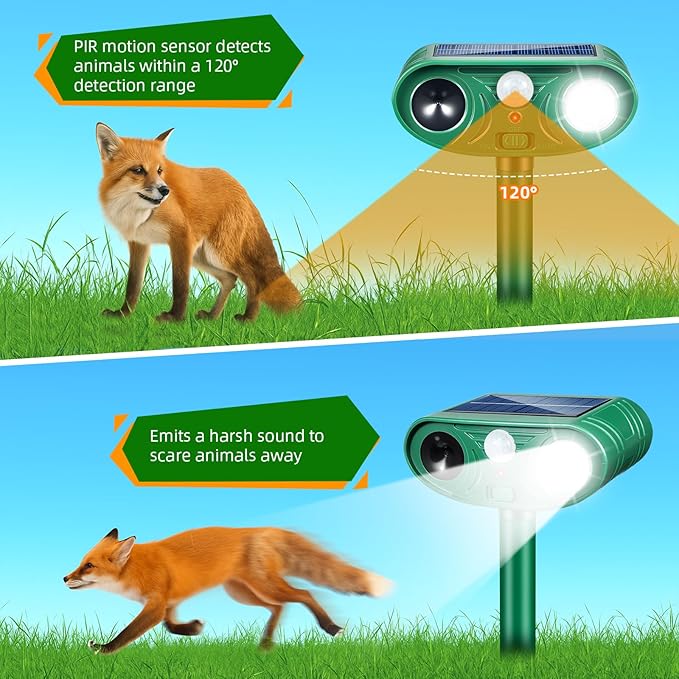 2026 Solar Animal Repellent Outdoor&Cat Repellent Outdoor Rabbit Squirrel Deer Repellent Devices Coyote Raccoon Fox Deterrents with Motion Sensor & LED Waterproof Cat Deterrent for Garden Yard 4 Pack