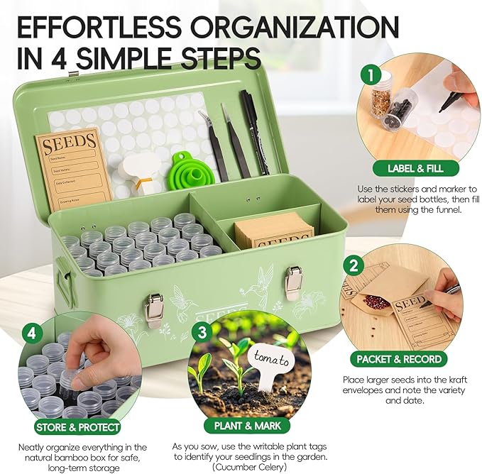 60 Slots Seed Organizer Storage Box with 3 Compartments,Large Metal Garden Seed Organizer with Lid&Safety Locks,Seed Saver Bin 50 Plant Labels 60 Seed Envelopes,Professional All-In-One Seed Saving Kit