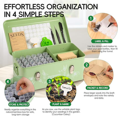 60 Slots Seed Organizer Storage Box with 3 Compartments,Large Metal Garden Seed Organizer with Lid&Safety Locks,Seed Saver Bin 50 Plant Labels 60 Seed Envelopes,Professional All-In-One Seed Saving Kit