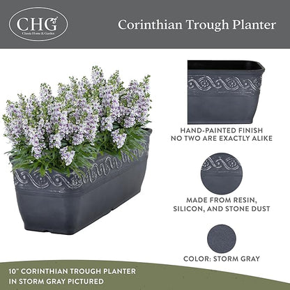 Classic Home and Garden Corinthian Resin Flower Pot Rectangle Planter, Storm Gray, 18"
