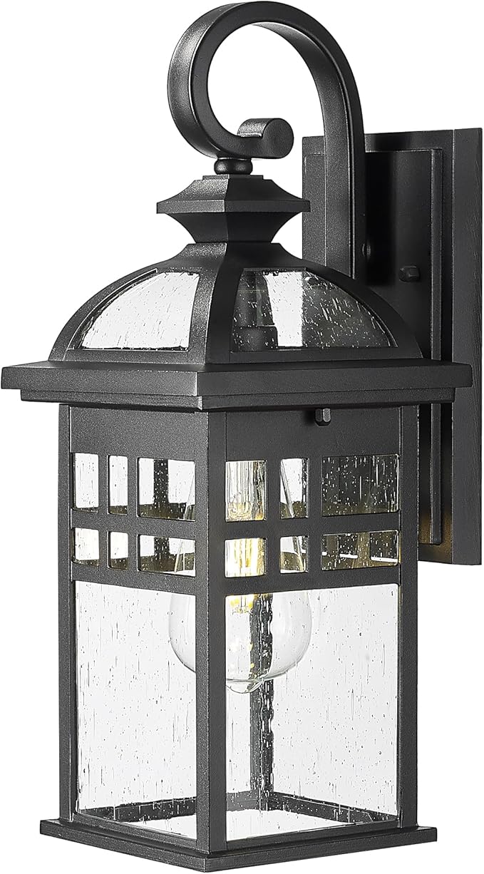 Emliviar Farmhouse 15 Inch Outdoor Wall Sconce, 1-Light Outdoor House Lights with Seeded Glass, Black Finish, DE281B BK