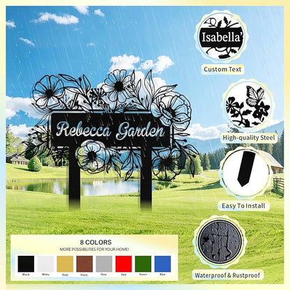 Custom Metal Flower Garden Sign with Stake, Personalized Garden Signs for Outside, Customized Garden Name Signs for Yard Lawn Outdoor Decor Gardening Gifts for Moms Grandmas Gardeners
