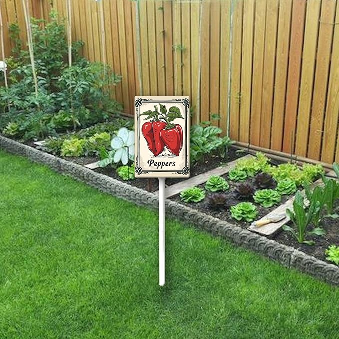 Uptell Vegetable Garden Peppers Yard Sign Label With Stake Plant Markers For Outdoor Plants Waterproof 7x8.8inch Nursery Garden Outdoor Sign