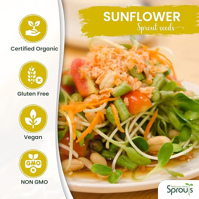 Nature Jims Organic Sunflower Seeds for Sprouting – Non-GMO, Premium Sunflower Microgreen Seeds – Nutritious, Fast Growing Sprouts & Easy to Plant – Ideal for Fresh Salads, Soups, & Smoothies – 8 Oz