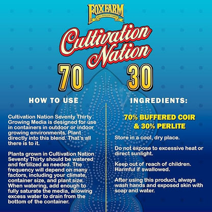 FoxFarm Cultivation Nation 70:30 Growing Media, 2cu ft - Mix of Coconut Coir and Perlite - Provides Aeration and Drainage, Use for Indoor/Outdoor Container Gardens