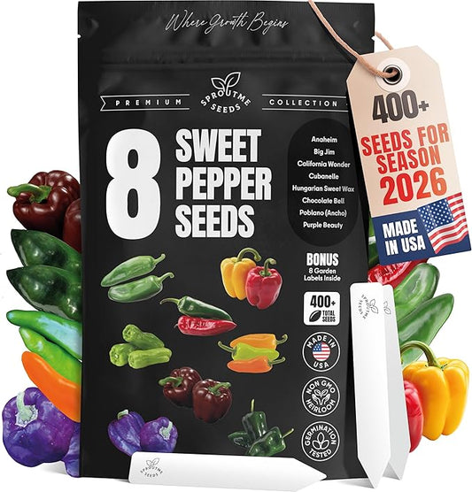 Sweet and Mild Bell Pepper Seeds – 8 Varieties, 400+ Non-GMO Heirloom Seeds for Indoor & Outdoor Growing, California Wonder, Cubanelle, Purple Beauty & Poblano
