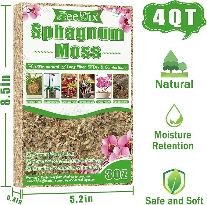 ZeeDix 4 qt Sphagnum Moss for Indoor Plants, Natural Dried Long Fiber Moss for Orchid Repotting, Carnivorous Plants, Succulents, Monstera, Flower & Reptile Terrariums Habitats (3 oz)