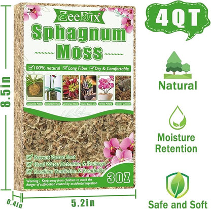 ZeeDix 4 qt Sphagnum Moss for Indoor Plants, Natural Dried Long Fiber Moss for Orchid Repotting, Carnivorous Plants, Succulents, Monstera, Flower & Reptile Terrariums Habitats (3 oz)