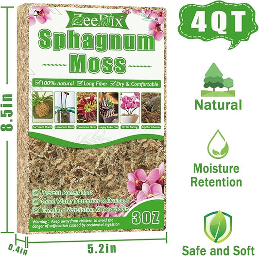 ZeeDix 4 qt Sphagnum Moss for Indoor Plants, Natural Dried Long Fiber Moss for Orchid Repotting, Carnivorous Plants, Succulents, Monstera, Flower & Reptile Terrariums Habitats (3 oz)