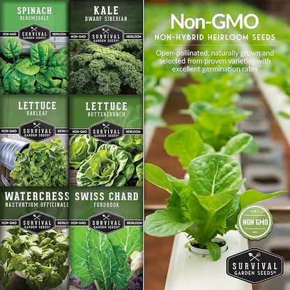 Hydroponics Vegetable Seed Collection for Planting - Watercress, Spinach, Siberian Kale, Swiss Chard, Buttercrunch, Oakleaf Lettuce Varieties to Grow Indoors Non-GMO Heirloom Survival Garden Seeds