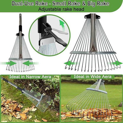 Garden Rake for Leaves, Metal Leaf Rake for Lawns with Adjustable Handle 【34"-68"】 & Folding Head 【8"-17"】，for Lawns, Yards, Leaves, Gardening