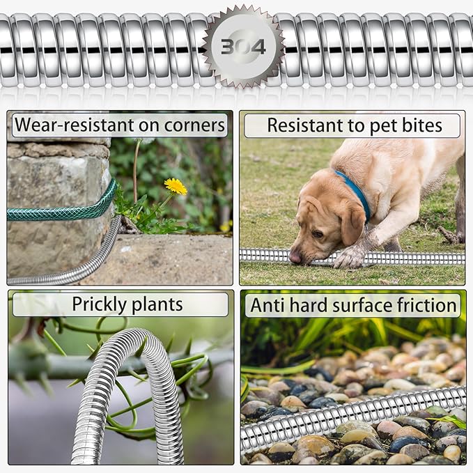 HmiL-U Silver Metal 50FT Garden Hose with 8 Function Nozzle, Heavy Duty, Kink Free, Rust-proof, Anti-puncture, Lightweight, Durable, Weatherproof, 600 Inches, 2 Inches Width